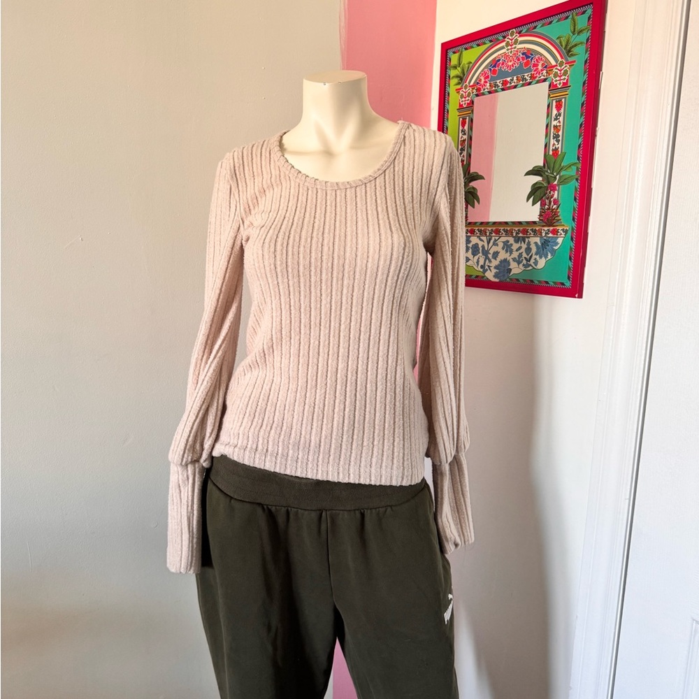 Beige Long Sleeve Ribbed Puff Sleeve Top